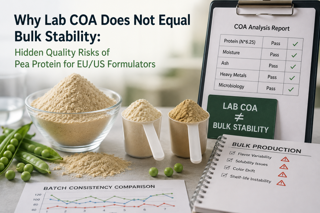 Pea Protein COA vs Bulk Stability: Hidden Quality Risks for EU & US Formulators pea protein bulk stability risks
