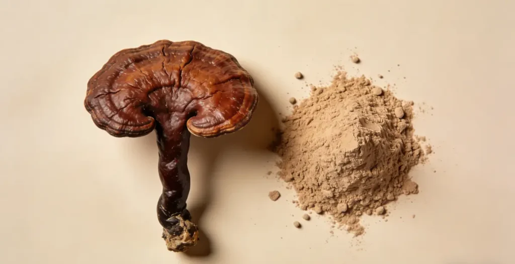 High-purity reishi mushroom extract powder in wooden bowl