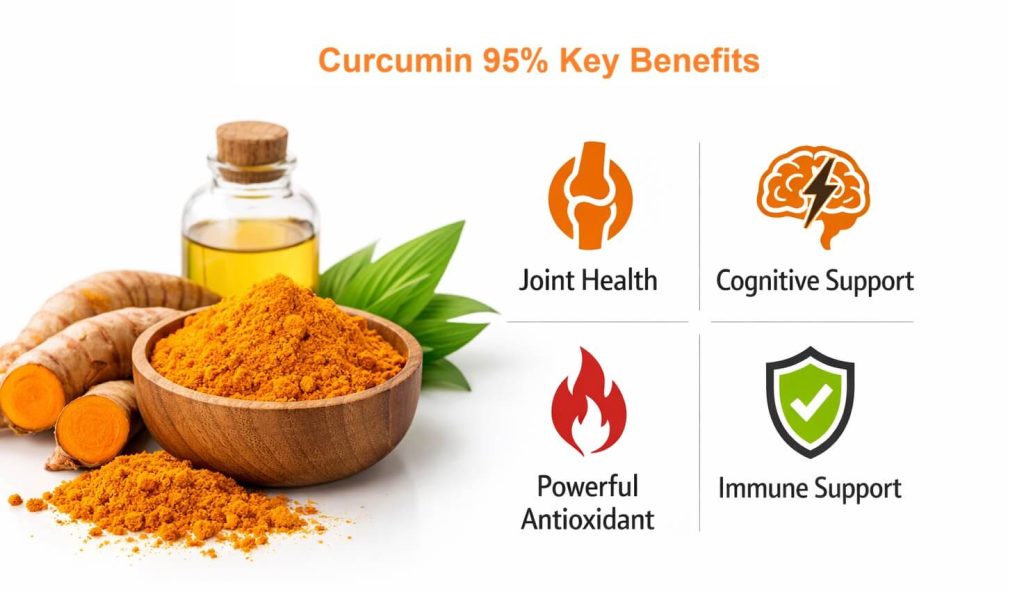 Curcumin 95% turmeric powder with turmeric roots, highlighting antioxidant and joint health benefits