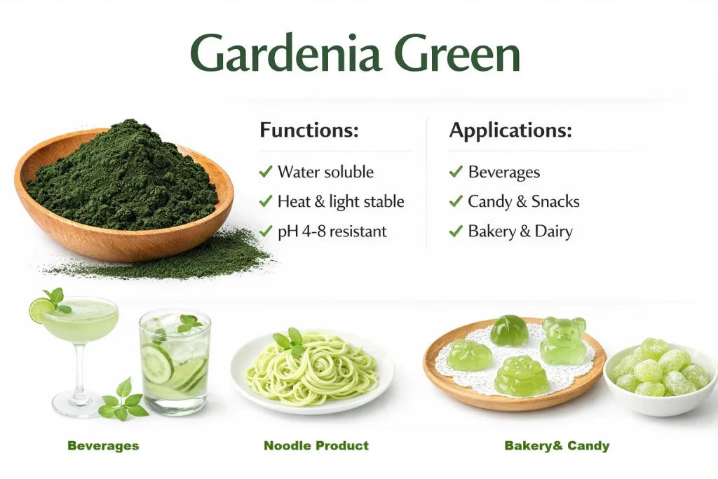 Gardenia Green Powder natural food colorant in wooden spoon with green liquid and candy samples